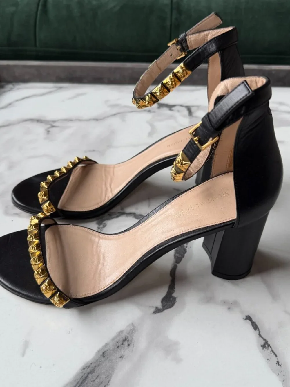 Stuart Weitzman Rosemarie Black Leather Studded Sandals Size 9.5